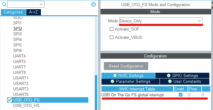 USB configuration in CubeMX